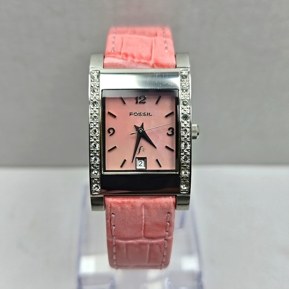 Fossil Watch Women Silver Tone Pink MOP Dial Pave Bezel Leather New Battery - Picture 1 of 11